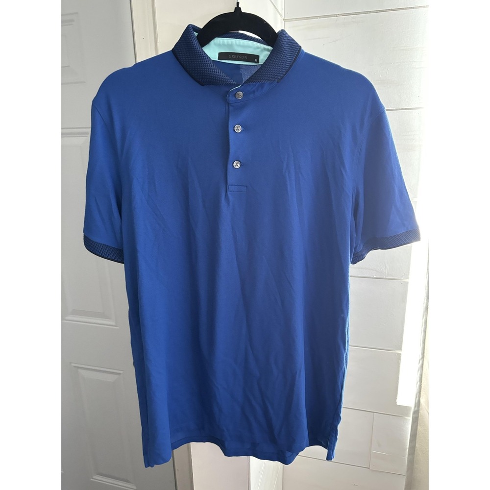 Greyson Polo Shirt Mens Medium Blue Textured Collar Golf Performance Preppy